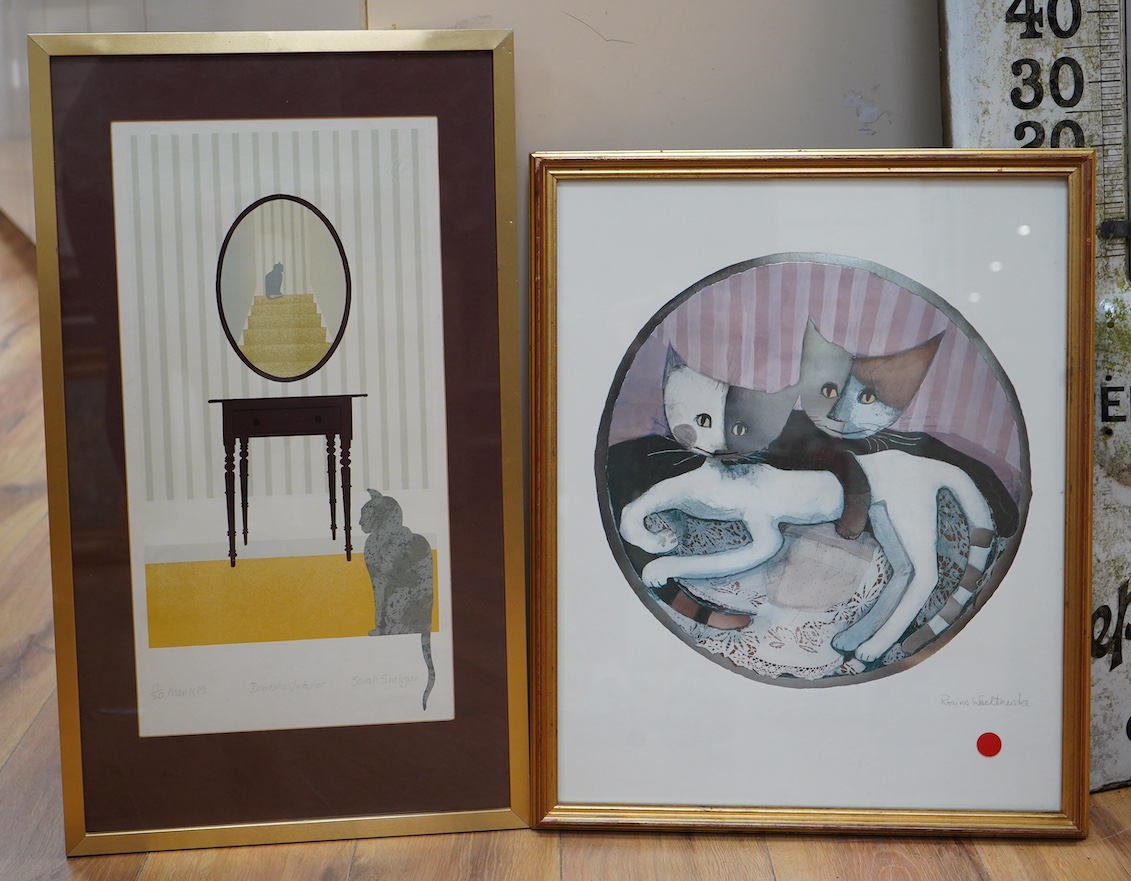 Rosina Wachtmeister (Austrian, b.1939), heightened lithograph of cats, signed in pencil, together with another by Sarah Snelgar, Domestic interior, limited edition 17/20, signed and dated March '79, largest 49 x 39cm. Co